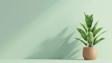 A vibrant green plant in a minimalist pot against a soft green wall, bringing a touch of nature indoors with stunning shadows.