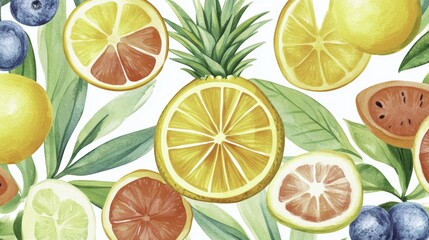 Watercolor Citrus Fruit Pattern, Lemons, Limes & Pineapple