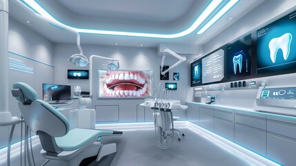 Modern, futuristic dental office with advanced equipment, comfortable dentist chair, and digital dental images on screens