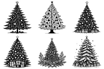 Obraz premium Merry Christmas card design. Black and white drawing.