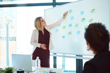 Business psychology, coach or woman teaching in presentation for profit growth, discussion or meeting. Psychologist, imagine and speaking of creative ideas for talking or revenue advice to people