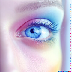 Rainbow Gaze: A close-up of a woman's blue eye, adorned with vibrant, spectral makeup, evokes a sense of artistry and wonder. 
