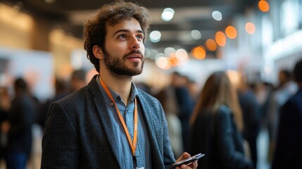 Businessman holding smartphone looking up at conference event