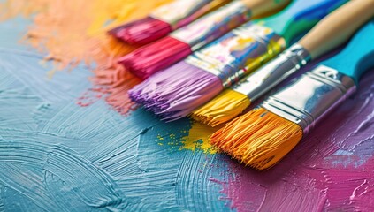 Obraz premium Close Up of Paintbrushes on a Colorful Canvas