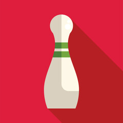 Single white bowling pin with two green stripes is standing on a red background