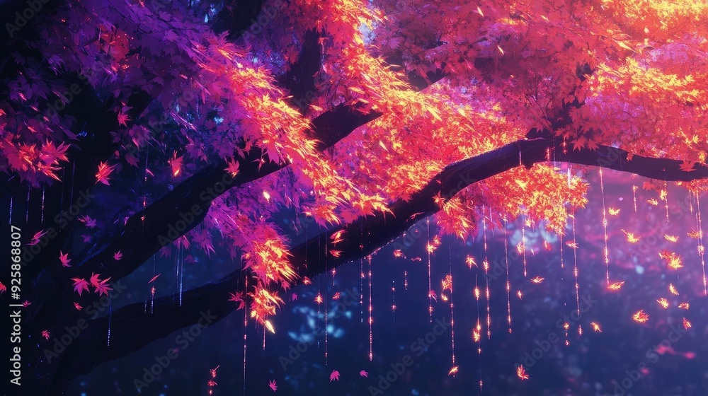 Poster a stunning view of a vibrant tree with colorful leaves, glowing under soft light, creating a magical