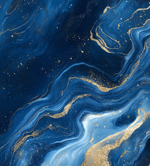 Abstract marbling background of navy-blue paint and gold powder. Luxurious navy blue ink marble-like abstract texture with golden dust and agate stone swirls and veins. High quality photo