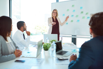 Business psychology, woman or teaching in presentation for profit growth, discussion or meeting. People, staff team or psychologist speaking of coaching ideas for talking or revenue increase advice