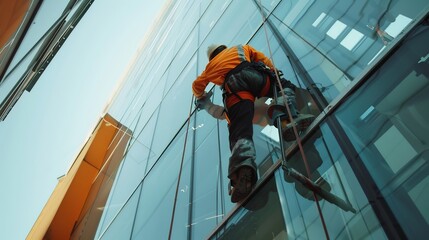 Worker Installing Light Fixtures on Modern Glass Building Exterior