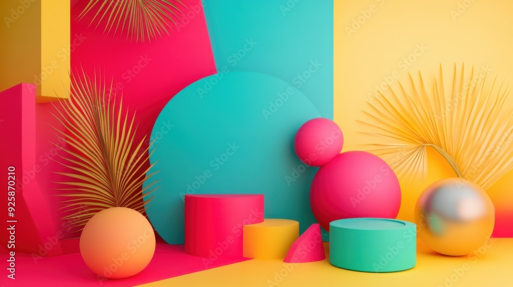 Poster dynamic geometric abstraction: playful colors and shadows in 3d illustration