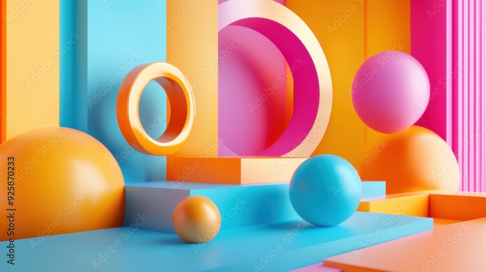 Poster dynamic geometric abstraction: colorful 3d shapes with soft shadows