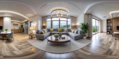 360-degree view of a modern living room interior, panorama, high definition, modern, interior design, furniture, decor