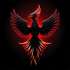 Obraz premium Black phoenix with glowing neon red and orange feathers suitable for fantasy book covers, posters, gaming, and mythical design projects.