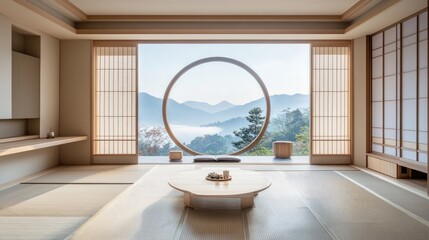 A tranquil Japanese-style room with tatami flooring, simple wooden furniture, and a large circular window overlooking misty mountains.