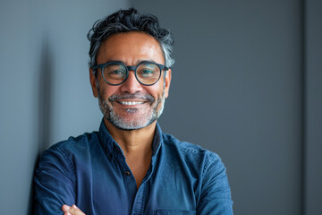 Fototapeta premium Happy 50-Year-Old Middle-Aged Businessman: Smiling Professional CEO and Manager in Office with Grey Wall, Headshot Portrait