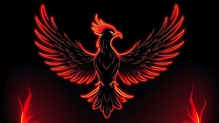 Fototapeta premium Black phoenix with glowing neon red and orange feathers suitable for fantasy book covers, posters, gaming, and mythical design projects.