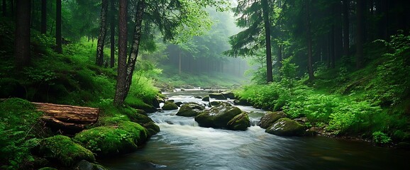 A misty forest stream flows over mossy rocks.