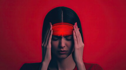 A closeup of a person s temple, with pulsating red waves visualizing the intense throbbing pain of a migraine, pain, discomfort, throbbing