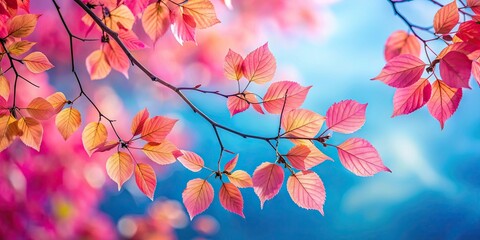 Beautiful pink autumn leaves on branch against blue sky background, pink, autumn, leaves, branch, blue sky, background