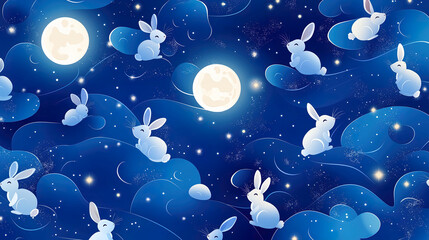 a pattern background image of cartoon white rabbits and moons