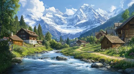 A tranquil Swiss scene with a river stream flowing gently through a valley, surrounded by traditional Swiss houses and snow-capped mountains in the distance.