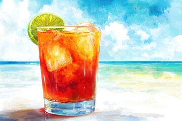 Tropical Rum Punch Delight, vibrant glass of rum punch adorned with fresh fruits, set against a serene beach backdrop, showcasing bright colors in a watercolor style.