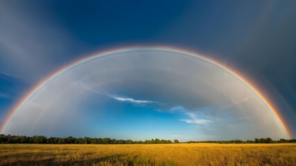 A stunning, vibrant rainbow stretching across a clear blue sky, with each color blending seamlessly into the next.