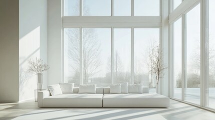 A minimalist living room with a white sofa centered in front of large windows that flood the space with natural light.