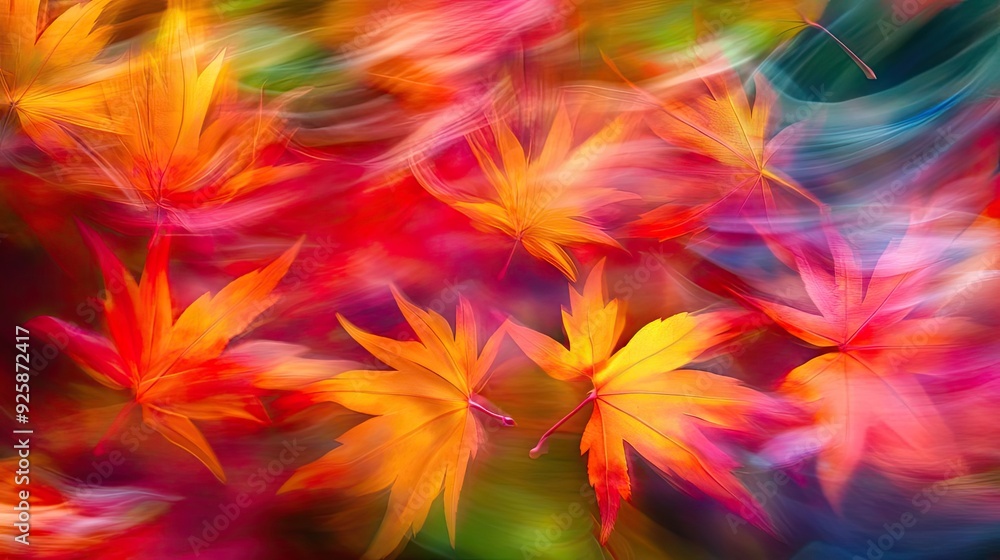 Poster vibrant abstract background featuring colorful autumn leaves in a blur, creating an enchanting and w