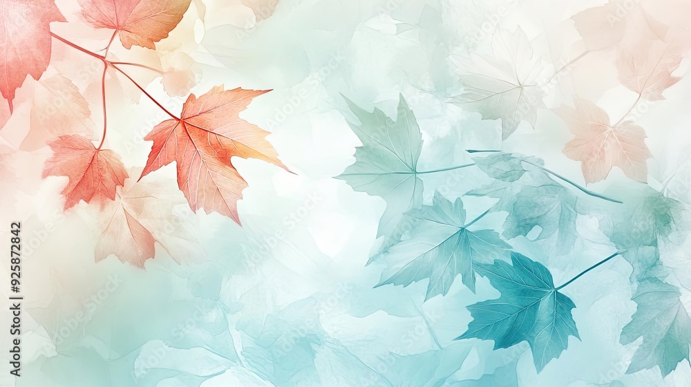Poster a serene abstract background featuring softly blurred leaves in pastel colors, creating a calming an