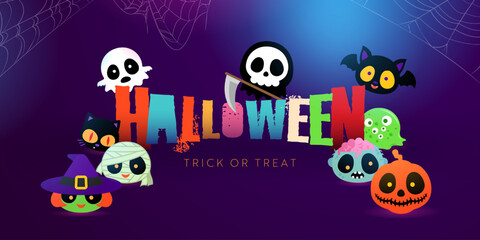 halloween greeting trick or treat with cute spooky character banner