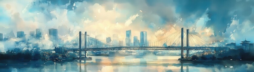 Fototapeta premium Money bridge, connecting two cities, financial link, watercolor style