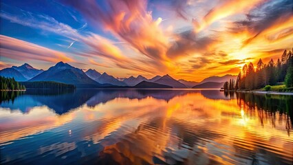 A stunning sunset over a serene lake surrounded by mountains , sunset, lake, mountains, backdrop, presentation, beautiful