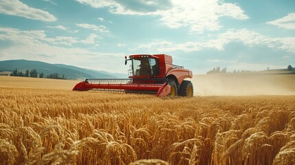 Obraz premium Red combine harvester working in a golden wheat field at sunset