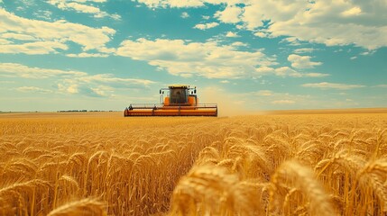 Fototapeta premium Wheat harvesting machine working in a golden field under blue skies