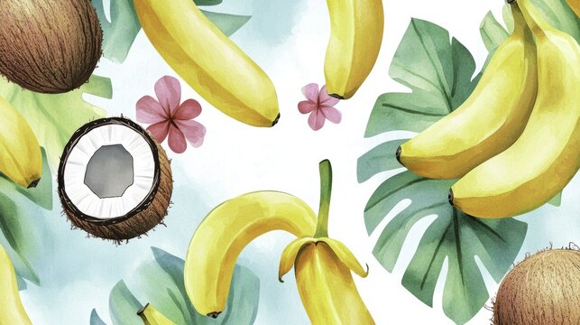 Watercolor Tropical Fruit Pattern with Bananas and Coconuts