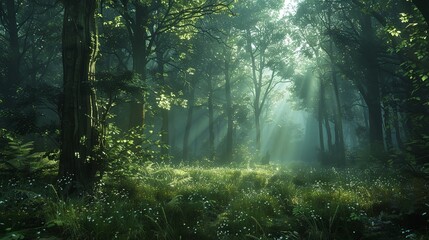 Obraz premium mysterious misty forest with sunbeams filtering through tall trees