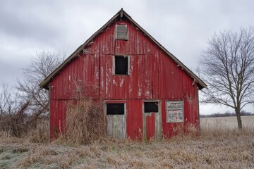 Obraz premium Neglected rustic barn facing disrepair in the rural area. Broken glass, doors tattered and a faded facade. Farm building needs renovation; forsaken agricultural site persists