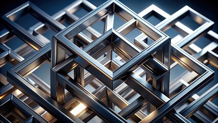 Elegant abstract composition of intersecting silver geometric shapes with dramatic lighting and shadows , abstract