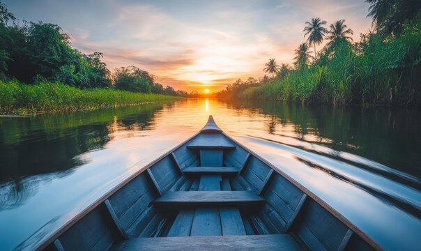 Ethereal Sunset Voyage: AI-Generated Abstract Kerala Backwaters Scene with Sailing Boat. Captivating 4K Background for Marketing, UI Design, Posters, and Serene Wallpapers. Ideal for Travel and Touris