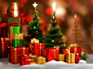 a festive christmas scene featuring like decorated christmas trees, gift boxes, ornaments, santa claus, fireplace, etc. perfect for holiday greetings, website banners, social media posts, and more.