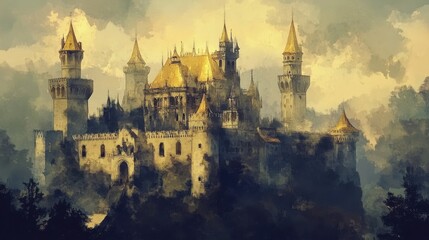 Naklejka premium Magnificent castle with golden roofs, royal wealth, watercolor style