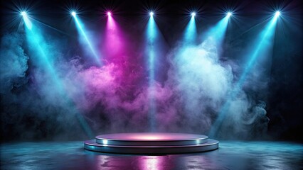 Dark stage with neon lights, smoke, and spotlights for product display , empty, blue background