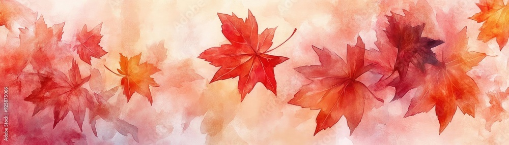 Poster a vibrant display of red maple leaves artfully arranged on a soft, blurred background, capturing the