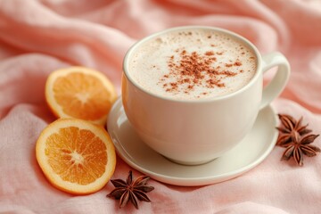 Cozy chai latte against a soft peach background, creating a warm and inviting ambiance perfect for fueling your creative projects