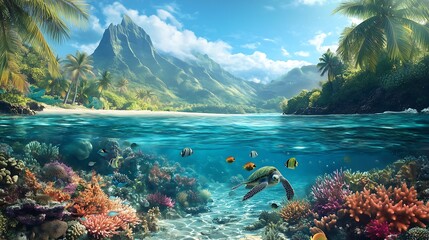 A tropical island paradise with a vibrant coral reef visible beneath the clear, shallow waters.