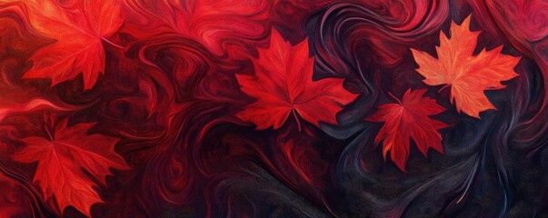 Vibrant red maple leaves swirl in a dark, abstract background, capturing the essence of autumn's beauty and warmth.