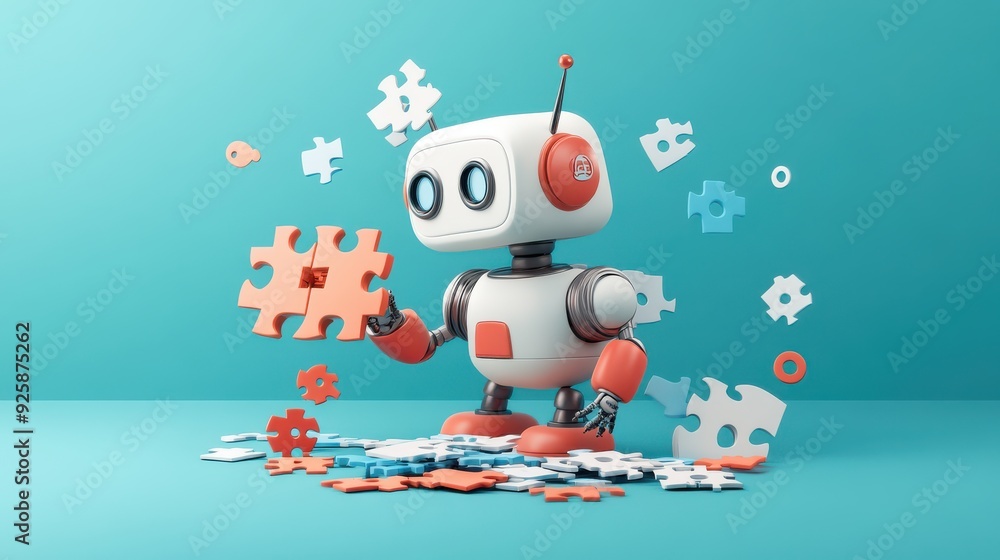 Poster Adorable robot character assembling large puzzle pieces on a bright teal background, symbolizing problem-solving, innovation, and technology.
