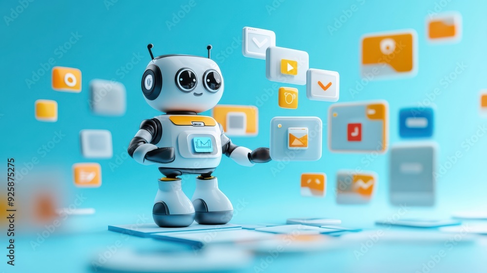 Poster Cute robot interacting with floating digital icons on a vibrant teal background, representing technology, innovation, and user-friendly design.

