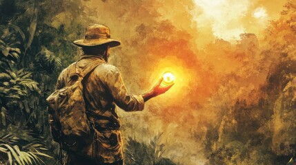 Treasure hunter holding a glowing coin, discovery of riches, watercolor style
